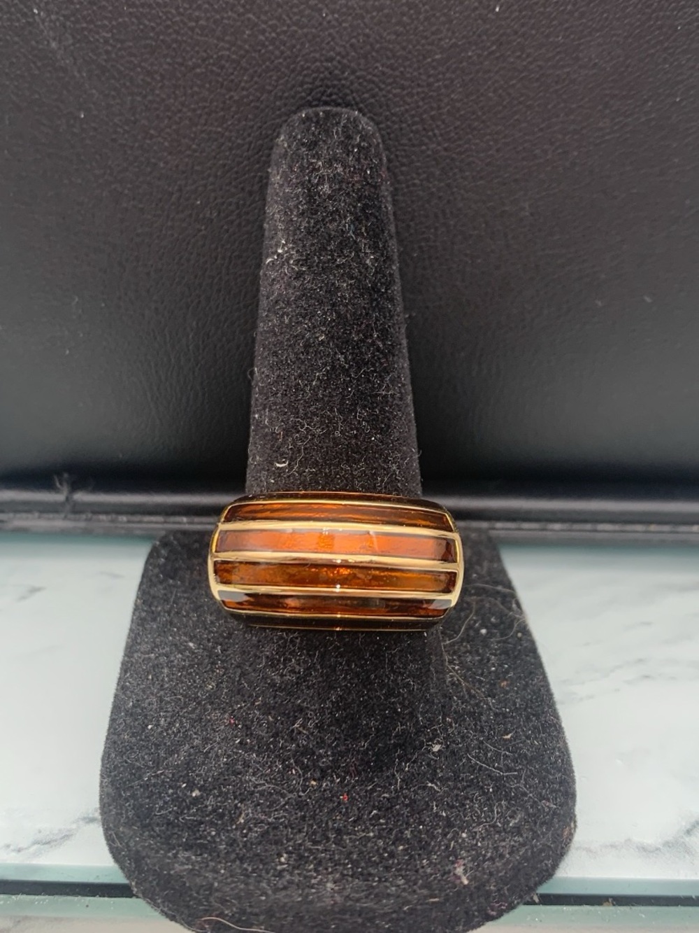 Vintage Camille Lucie Gold Tone Dome Ring Copper Tone Enamel Stripe Sz 7.75